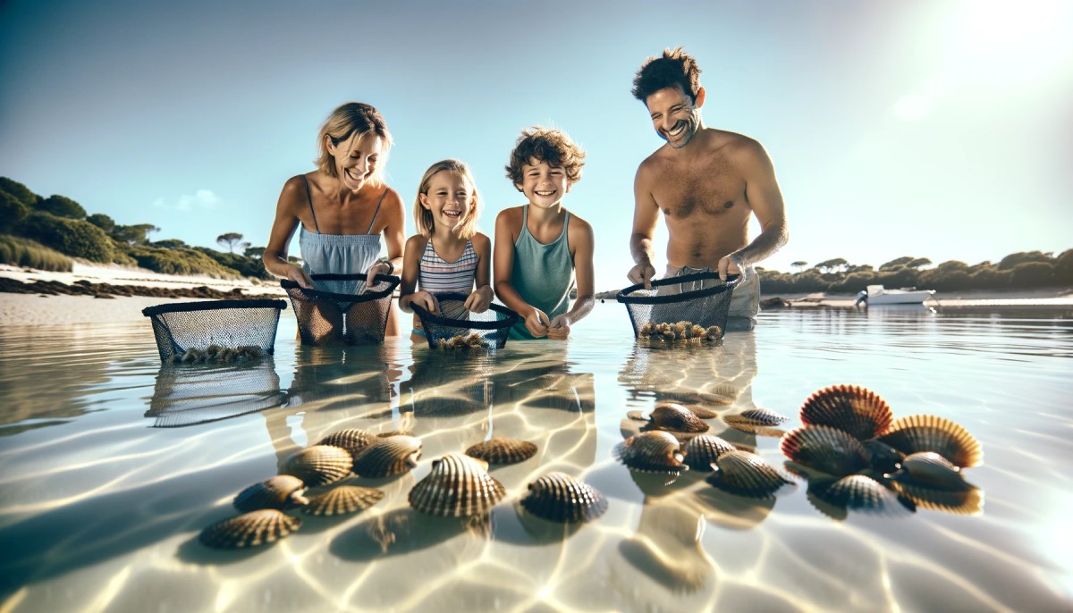 A happy family engaging in scallop fishing, collecting scallops in the shallow waters of Florida's Crystal Coast.