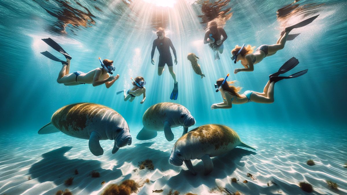 Snorkelers surrounded by manatees under the glistening sunbeams in Crystal River's clear waters.