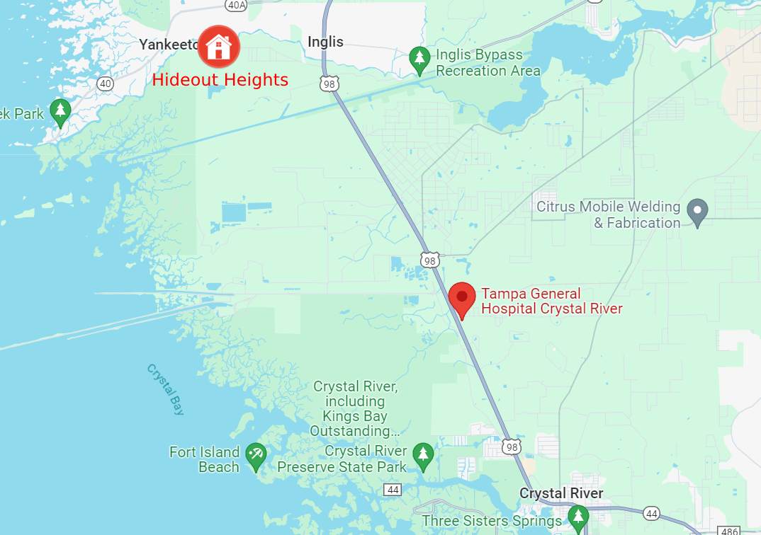 Interactive map highlighting the location of Hideout Heights close to Crystal River landmarks, including Tampa General Hospital and Fort Island Beach.